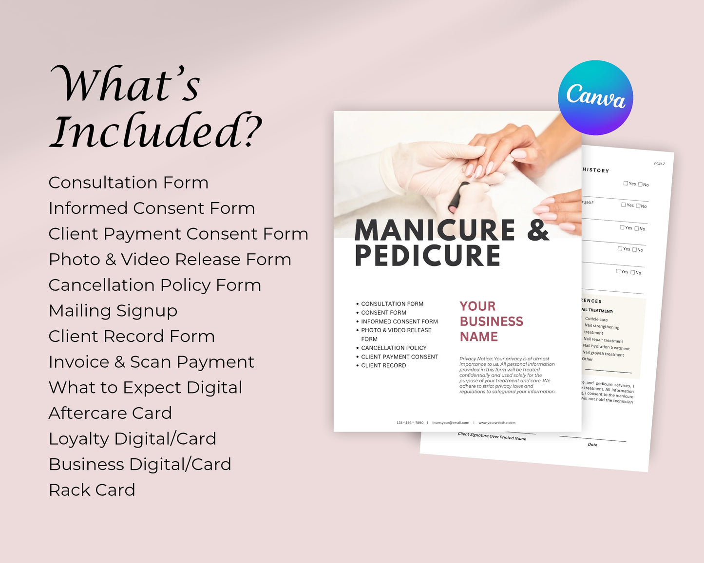 Manicure & Pedicure Business Forms, Consultation form, Client consent form, Loyalty & Business Card, Edit in Canva