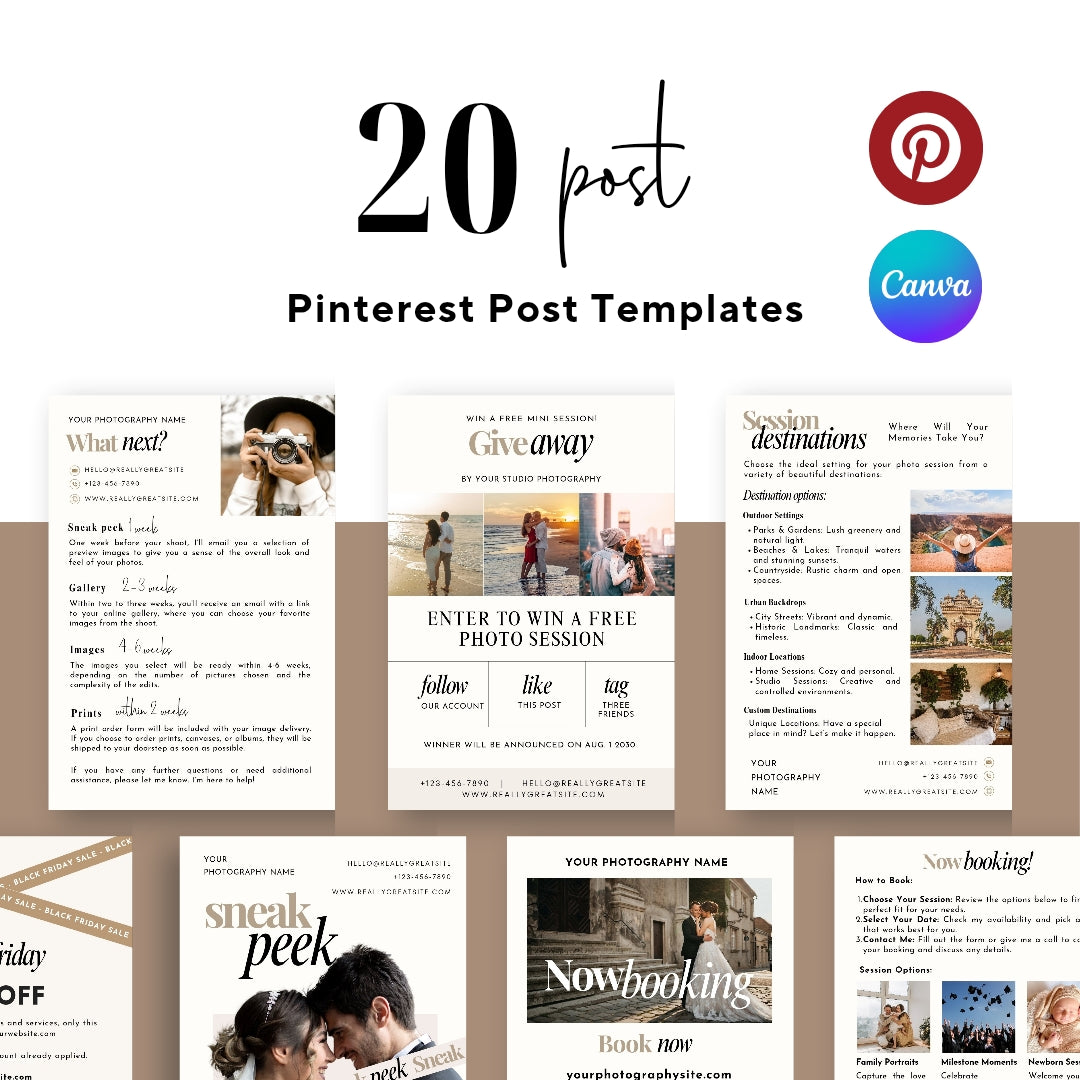 20 Photography Pinterest Templates, Pinterest Post, Edit in Canva