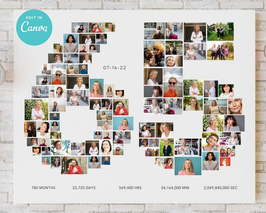 EDITABLE 65 Years Photo Collage, 90 Photos, Canva, DIGITAL