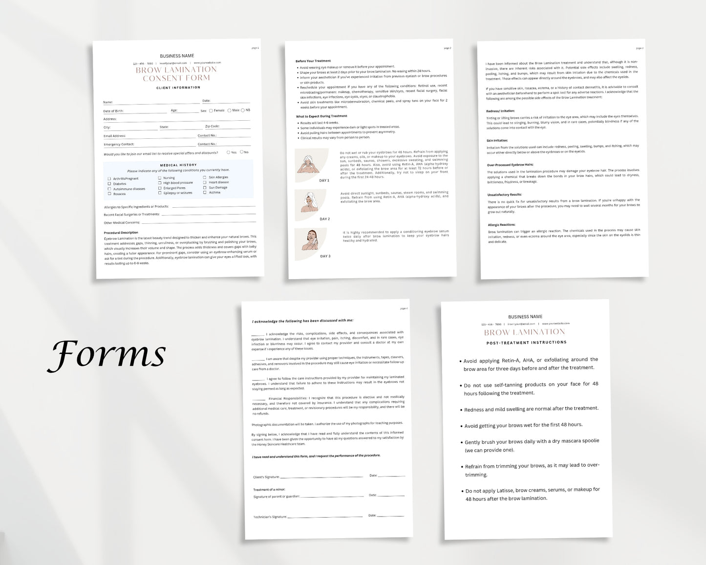 Brow Lamination Form, Consultation form, Client consent form, Editable Canva templates