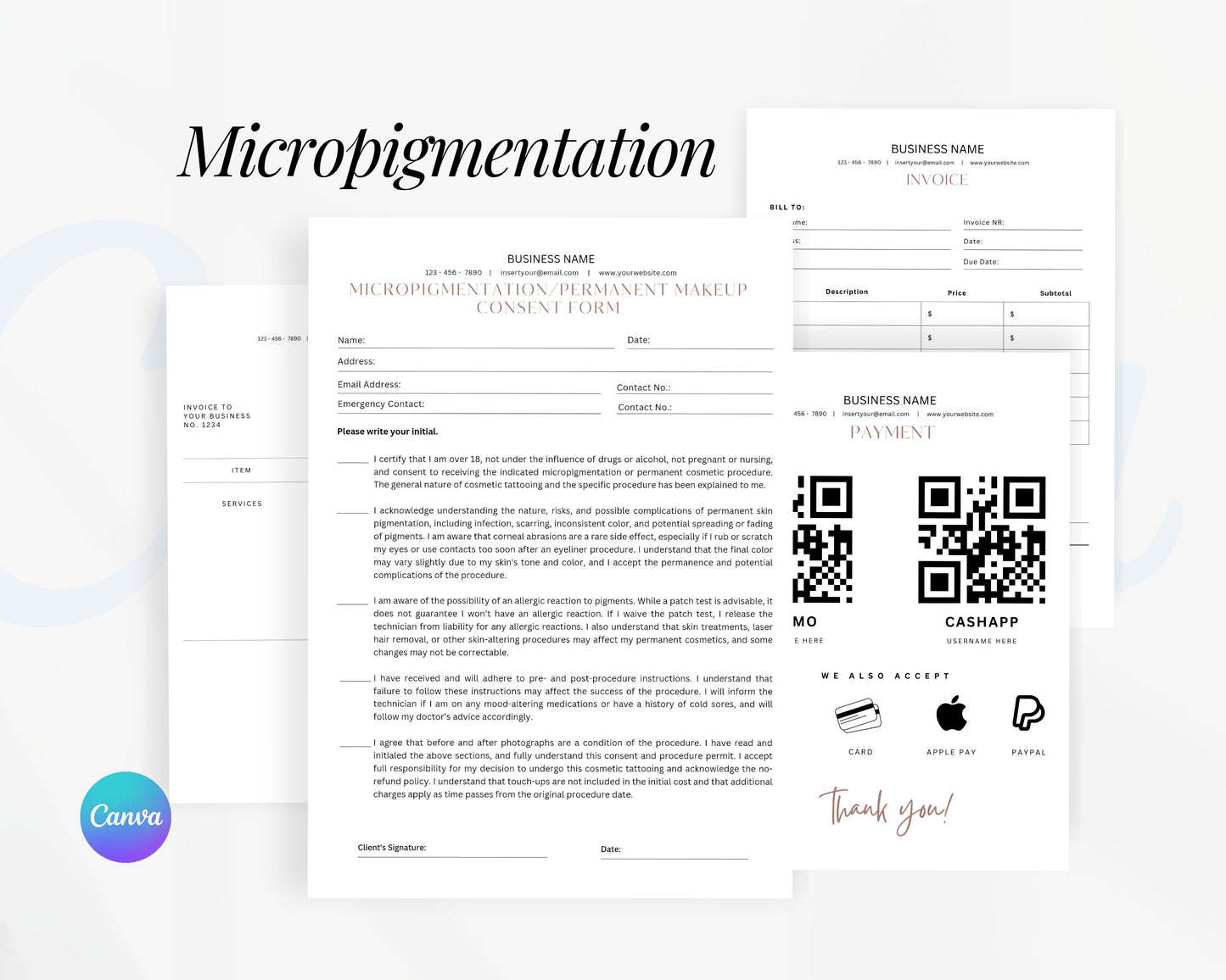 Micropigmentation Form, Consultation form, Client consent form, Editable in Canva