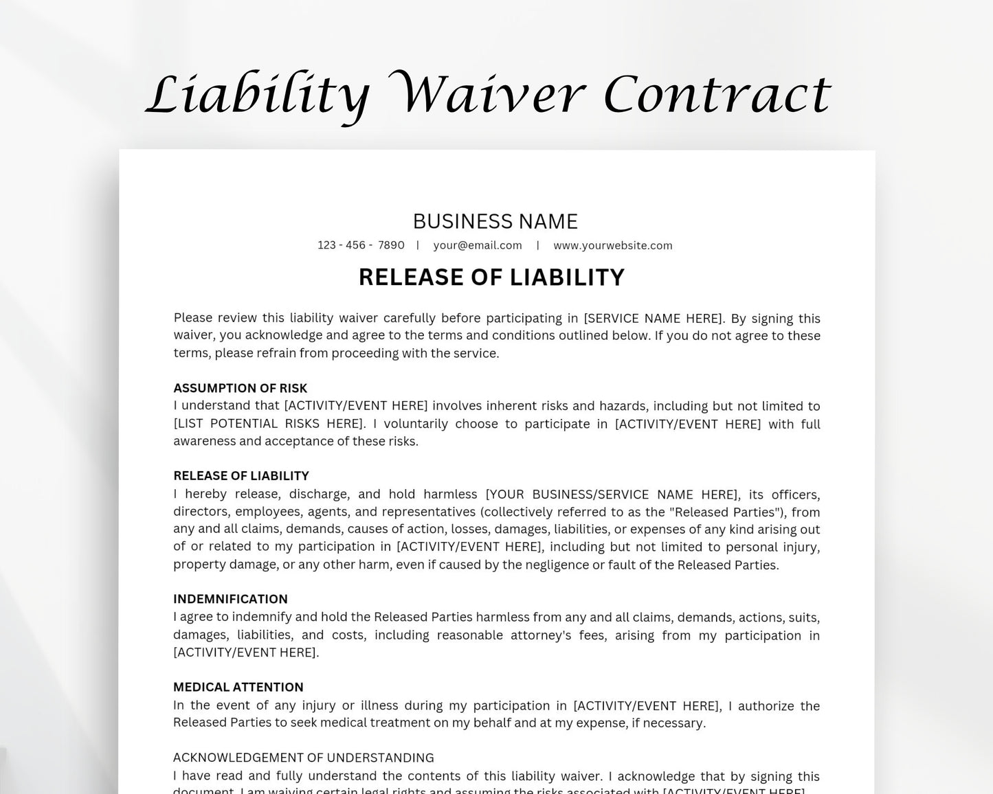 Liability Waiver Printable Form, Edit in Canva, Digital