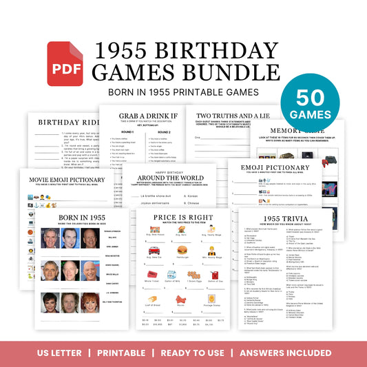 1955 Birthday Games, Born in 1955 Games, 70th Birthday Party Games, Printable Birthday Bundle