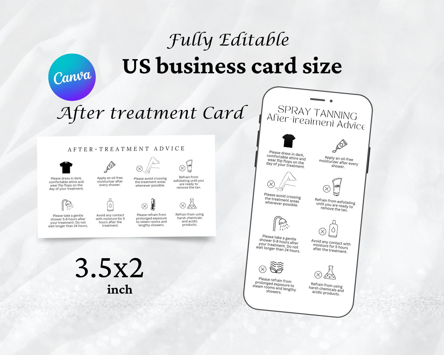 Spray Tanning Care Card, Aftercare Card, Edit in Canva