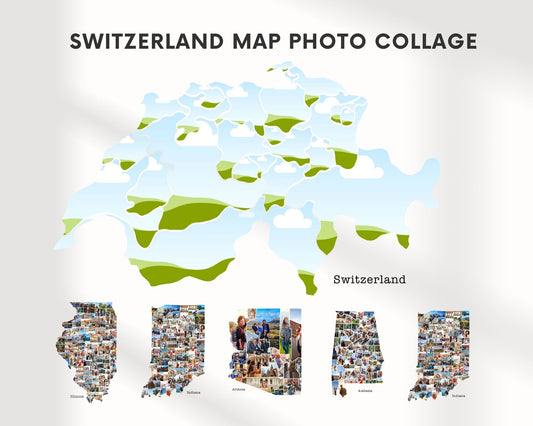 EDITABLE Switzerland Map Photo Collage, 20+ Photos, Map Wall Art, CANVA, Digital