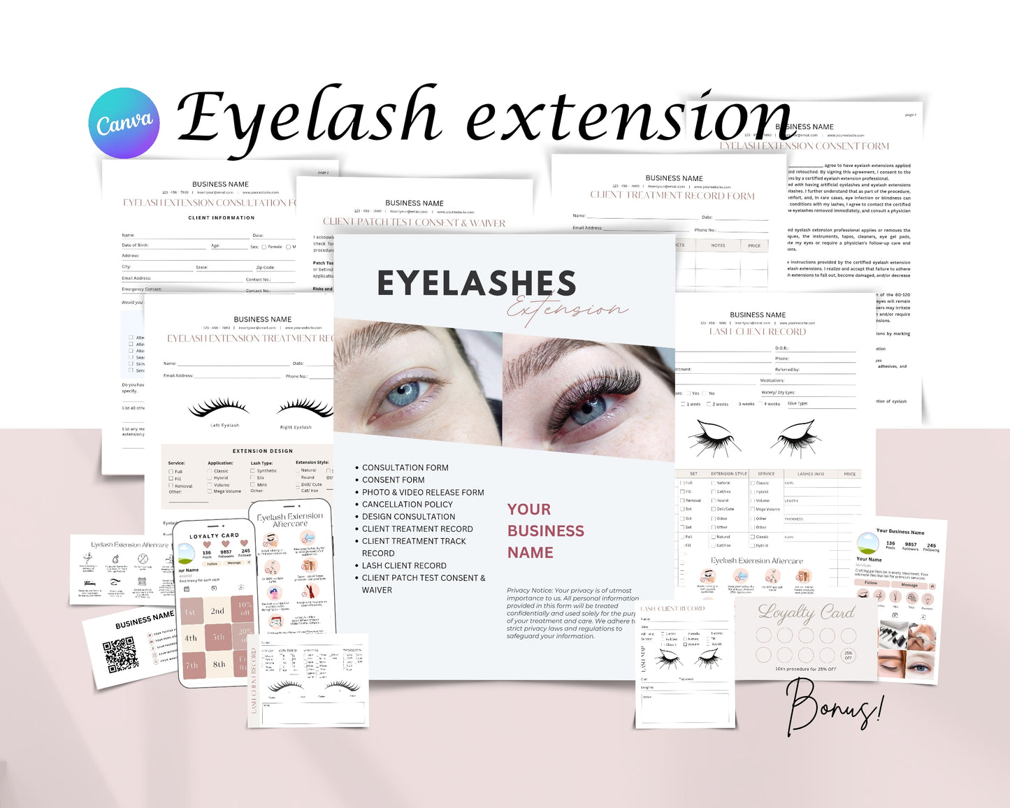 Eyelash Extensions Form, Consultation form, Client consent form, Loyalty Card, Business Card, Editable Canva templates, Aftercare Card