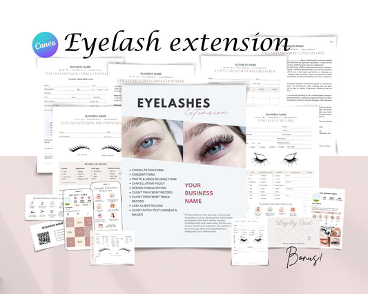 Eyelash Extensions Form, Consultation form, Client consent form, Loyalty Card, Business Card, Editable Canva templates, Aftercare Card