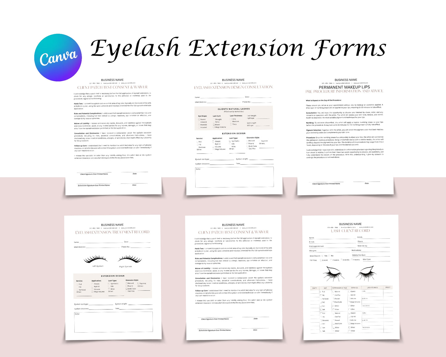 Eyelash Extensions Form, Consultation form, Client consent form, Loyalty Card, Business Card, Editable Canva templates, Aftercare Card