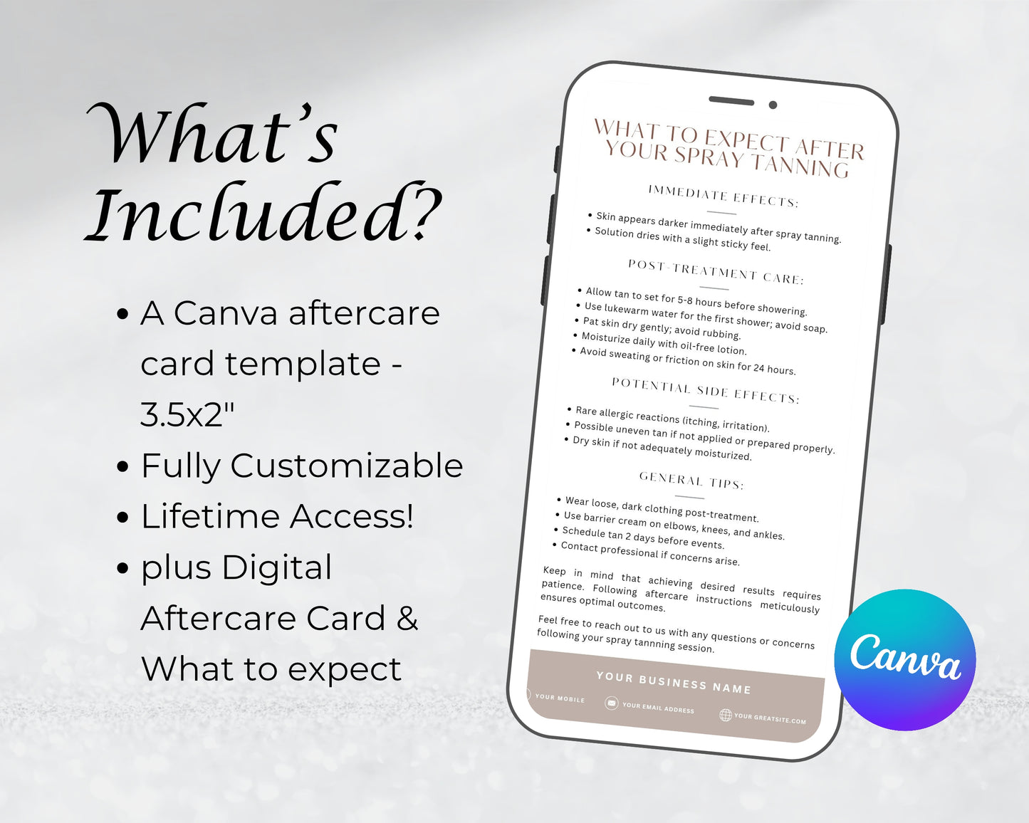 Spray Tanning Care Card, Aftercare Card, Edit in Canva