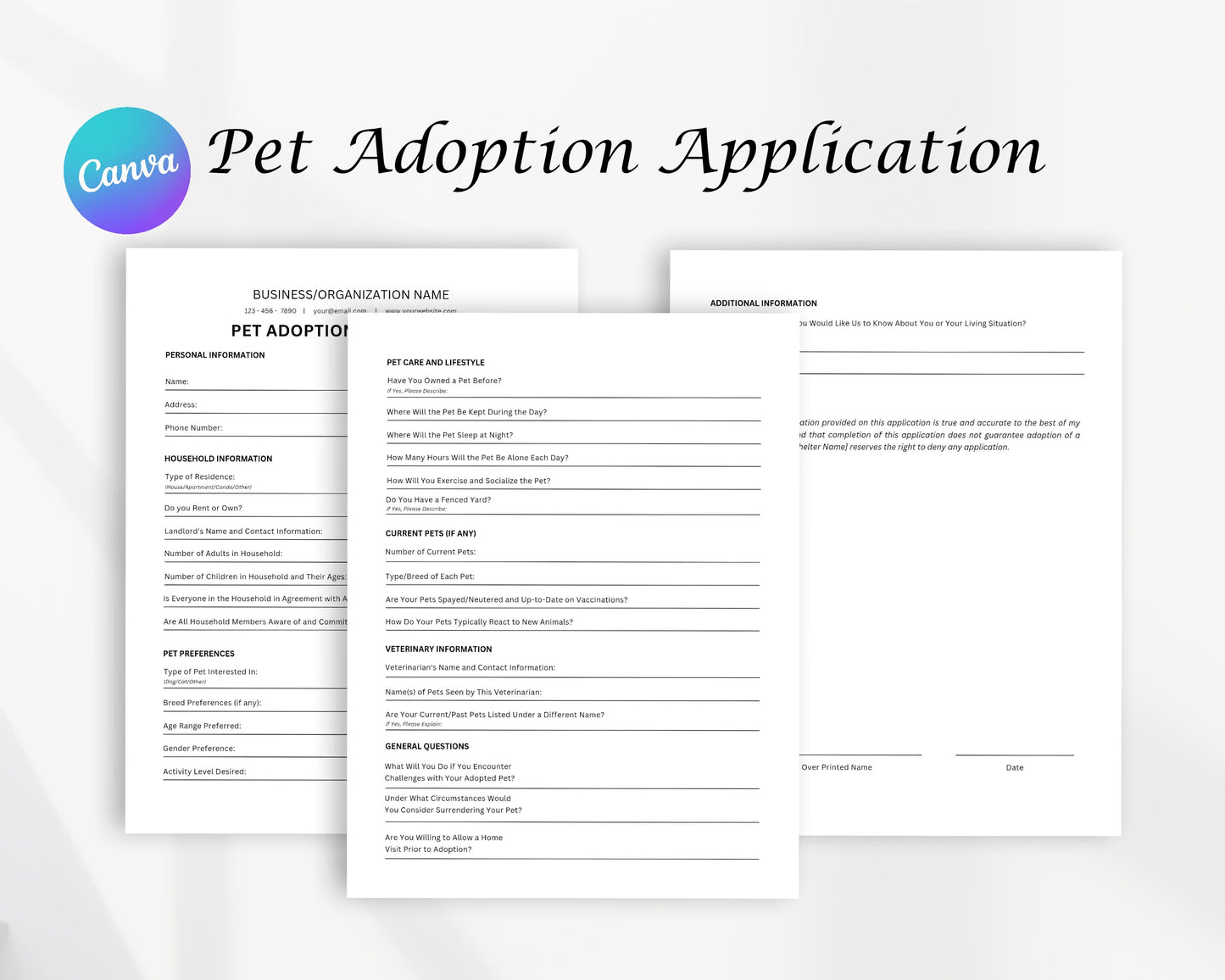 Pet Adoption Application Printable Form, Edit in Canva, Digital