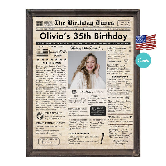 35th Birthday Vintage Brown Newspaper, EDITABLE Birthday Posters, Printable Newspaper Birthday Gifts, Canva