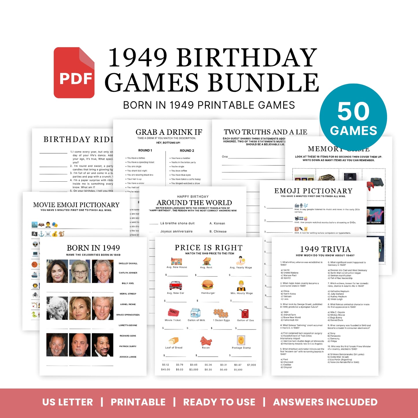 1949 Birthday Games, Born in 1949 Games, 76th Birthday Party Games, Printable Birthday Bundle