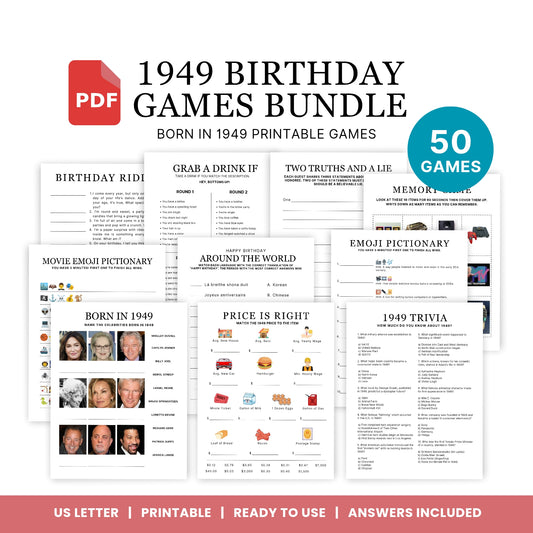 1949 Birthday Games, Born in 1949 Games, 76th Birthday Party Games, Printable Birthday Bundle