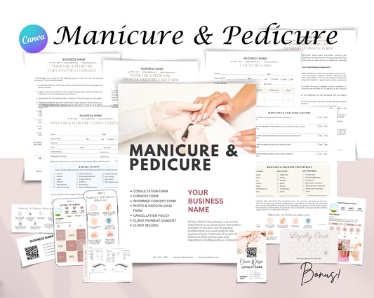 Manicure & Pedicure Business Forms, Consultation form, Client consent form, Loyalty & Business Card, Edit in Canva