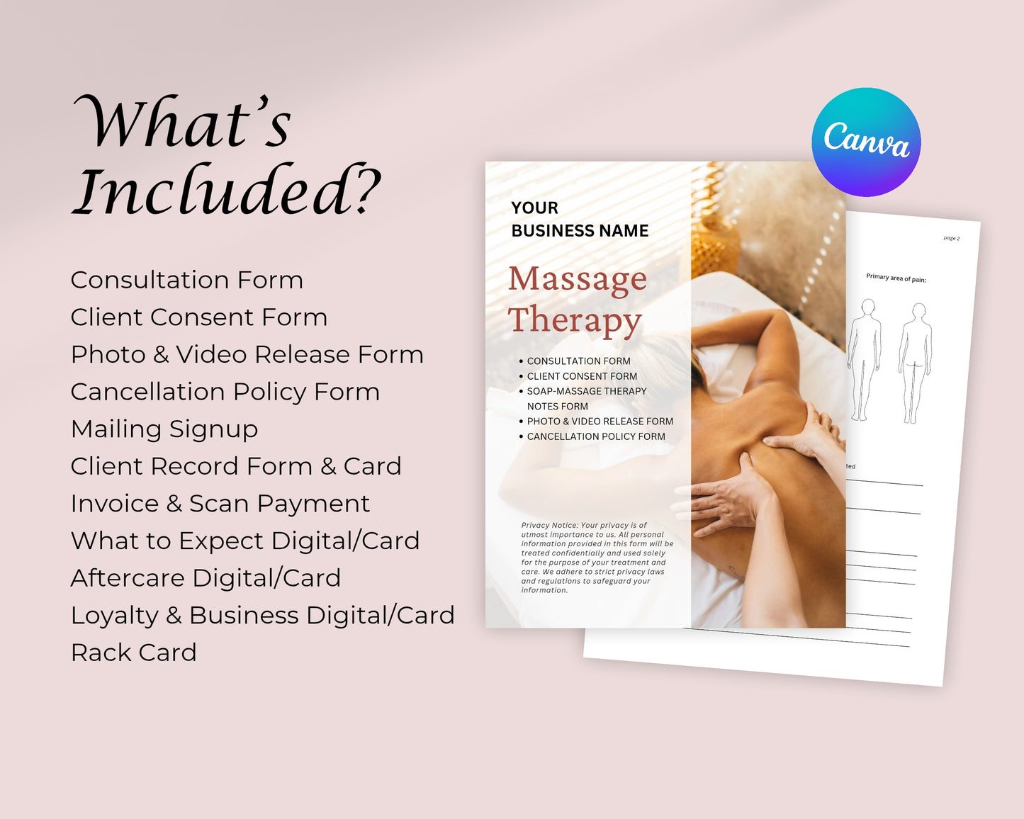 Massage Therapy Form, Consultation form, Client consent form, Loyalty Card, Business Card, Editable Canva templates, Aftercare Card