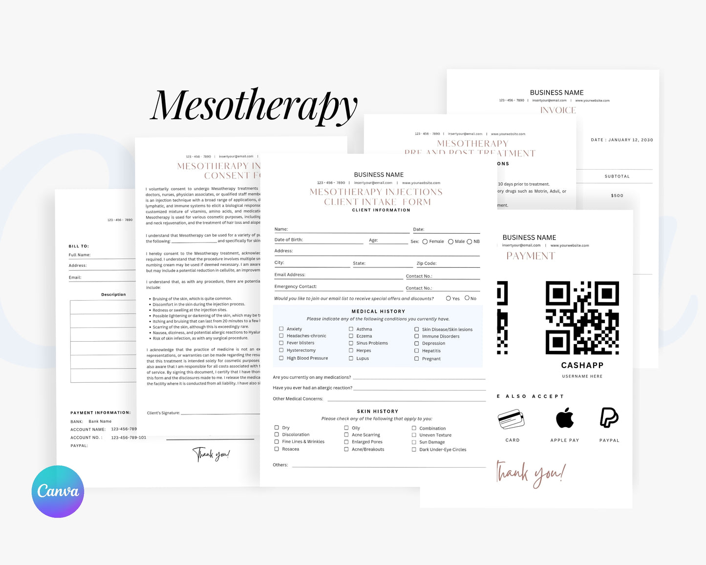 Mesotherapy Form, Consultation form, Client consent form, Editable Canva templates