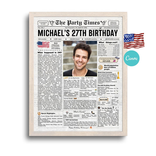 27th Birthday Vintage Newspaper, EDITABLE Birthday Posters, Printable Newspaper Birthday Gifts, Canva