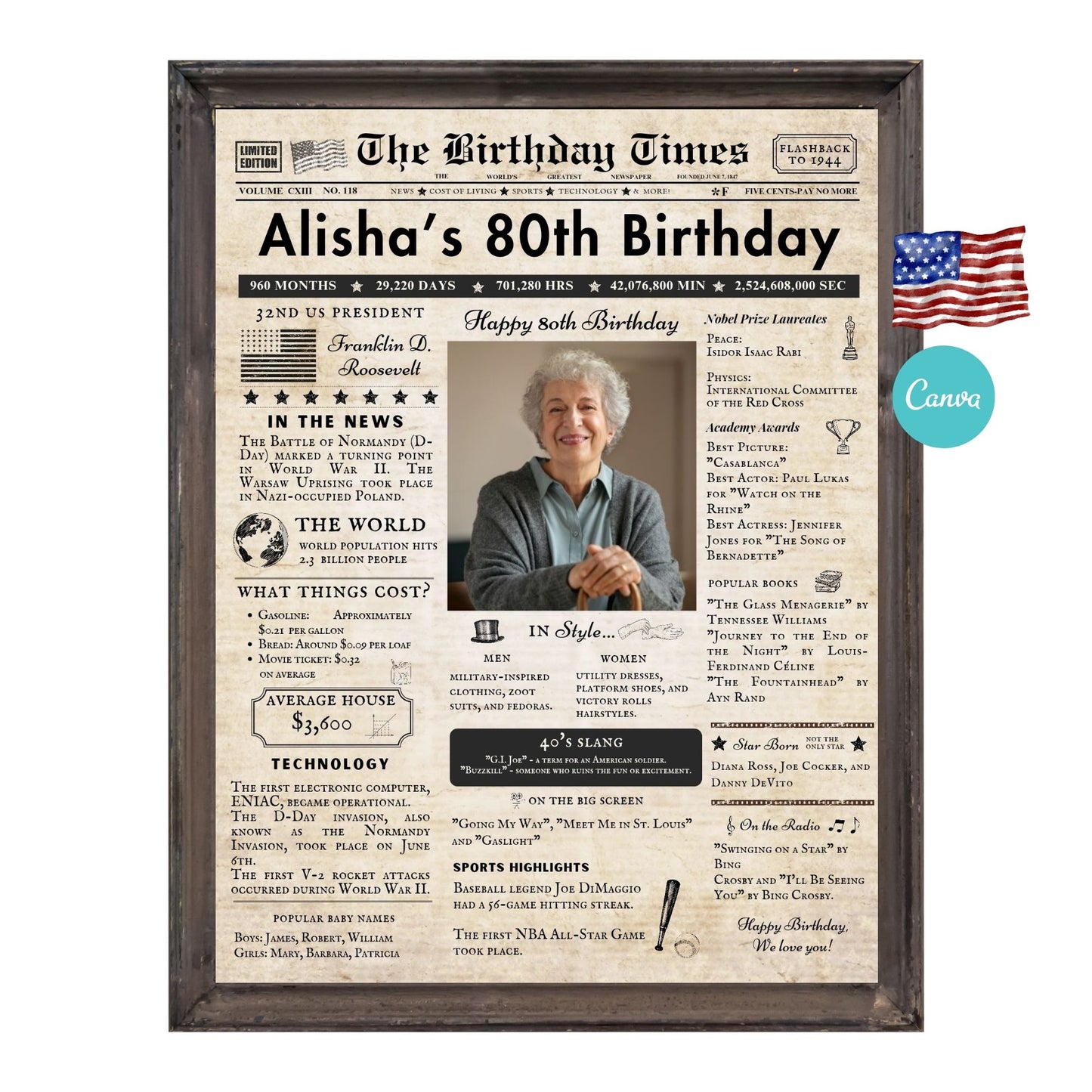 80th Birthday Vintage Brown Newspaper, EDITABLE Birthday Posters, Printable Newspaper Birthday Gifts, Canva