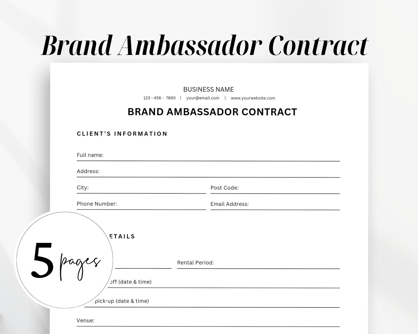 Brand Ambassador Contract Printable Form, Edit in Canva, Digital