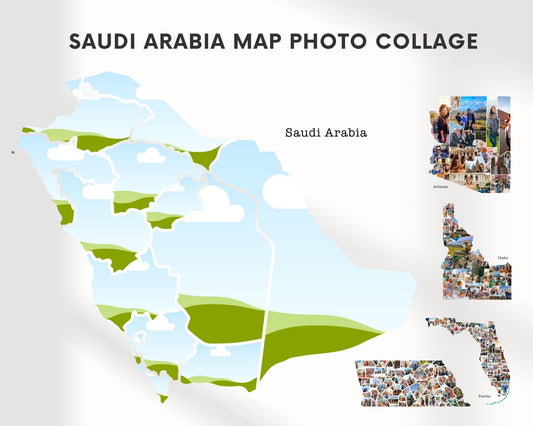 EDITABLE Saudi Arabia Map Photo Collage, 13 Photos Collage Gift, Map Wall Art, CANVA, Digital