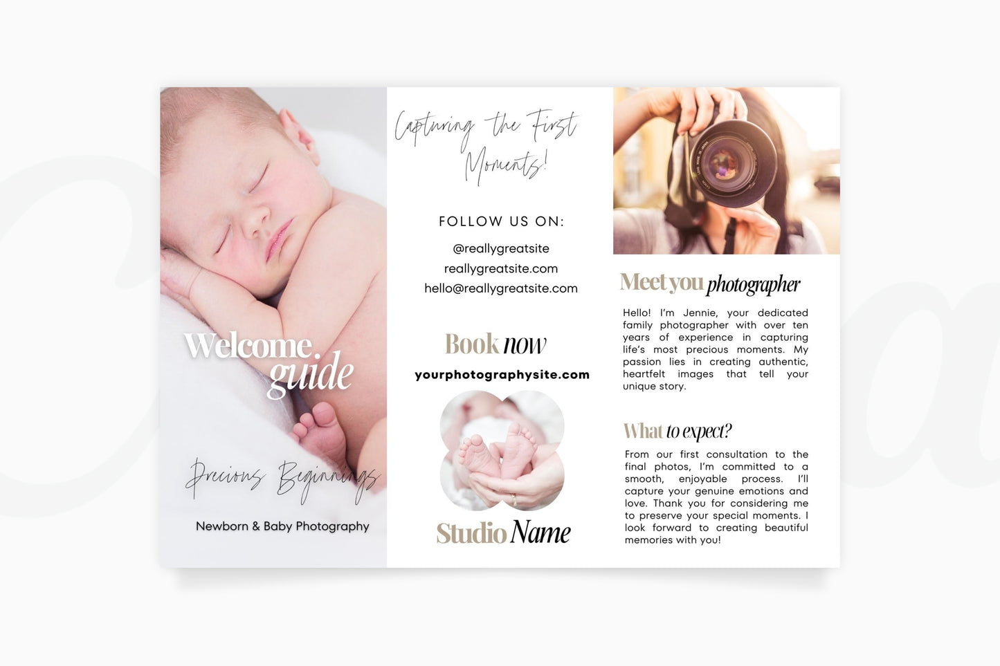 Photography Trifold Flyer Template, Welcome Packet Guide, Newborn, Edit in Canva - PTD2