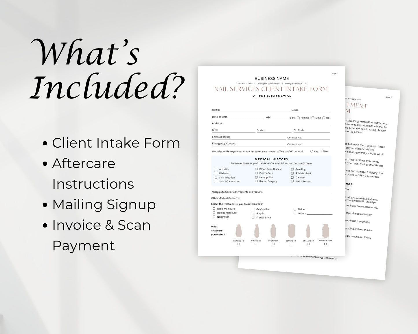 Nail Service Form, Consultation form, Client consent form, Editable Canva templates