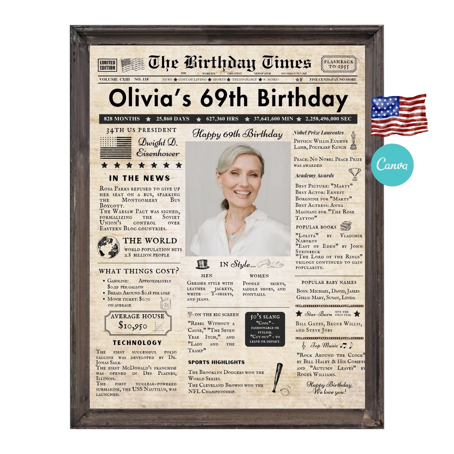 69th Birthday Vintage Brown Newspaper, EDITABLE Birthday Posters, Printable Newspaper Birthday Gifts, Canva