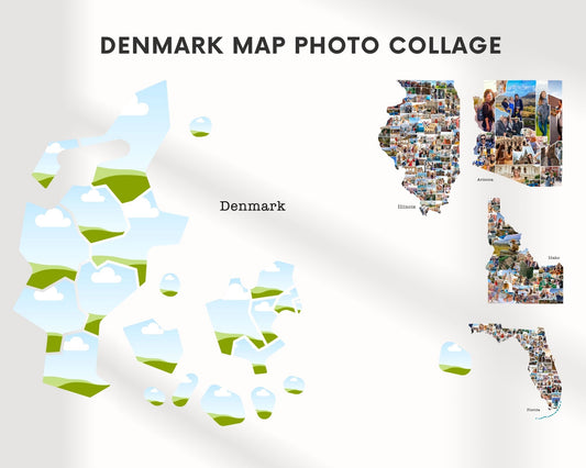 EDITABLE Denmark Map Photo Collage, 20 Photos, Map Wall Art, CANVA, Digital