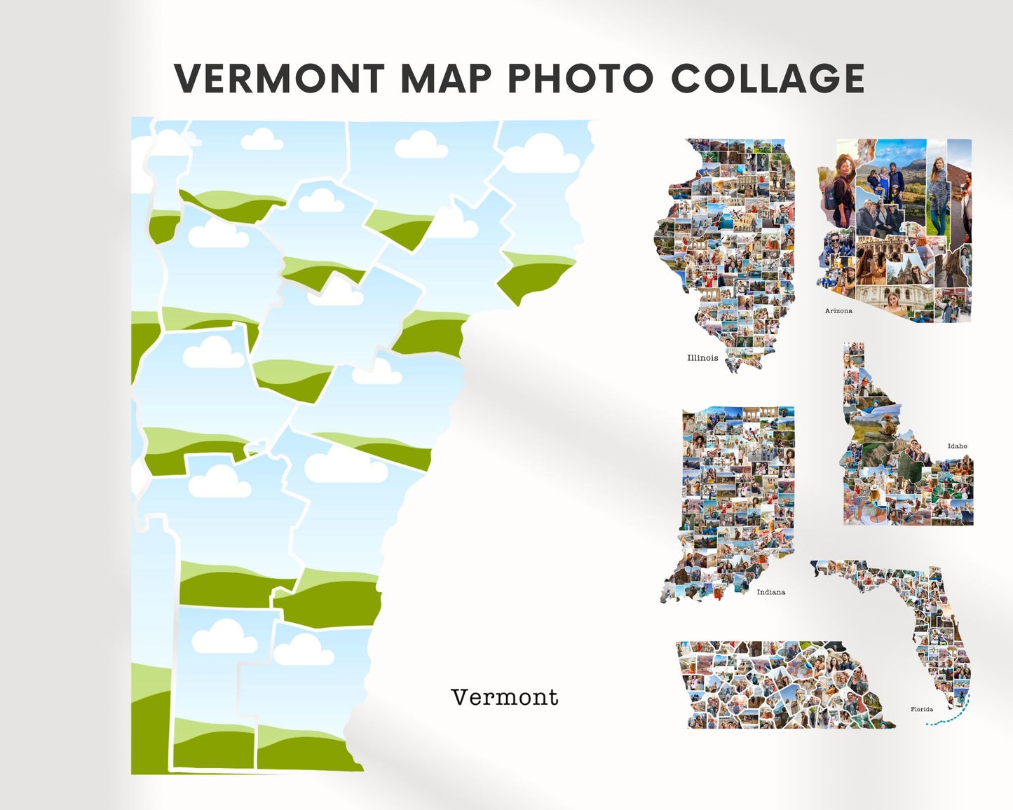 EDITABLE Vermont Map Photo Collage, 17 Photos, Map Wall Art, CANVA, Digital