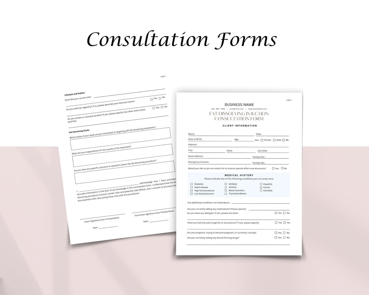 Fat Dissolving Injection Form, Consultation form, Client consent form, Loyalty Card, Business Card, Editable Canva templates, Aftercare Card