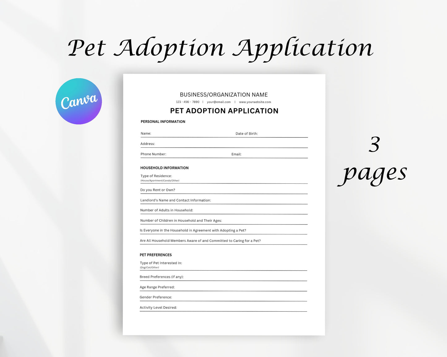 Pet Adoption Application Printable Form, Edit in Canva, Digital