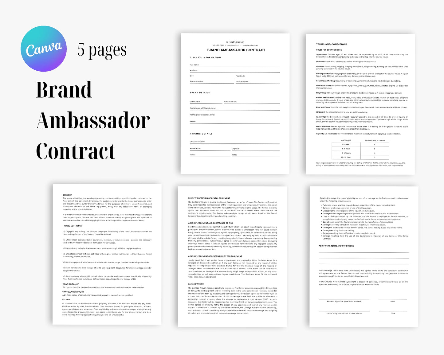 Brand Ambassador Contract Printable Form, Edit in Canva, Digital