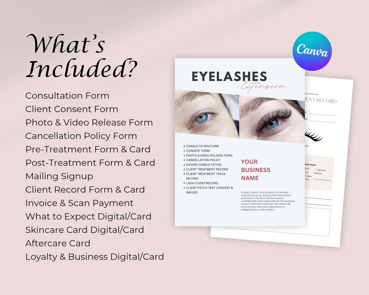 Eyelash Extensions Form, Consultation form, Client consent form, Loyalty Card, Business Card, Editable Canva templates, Aftercare Card