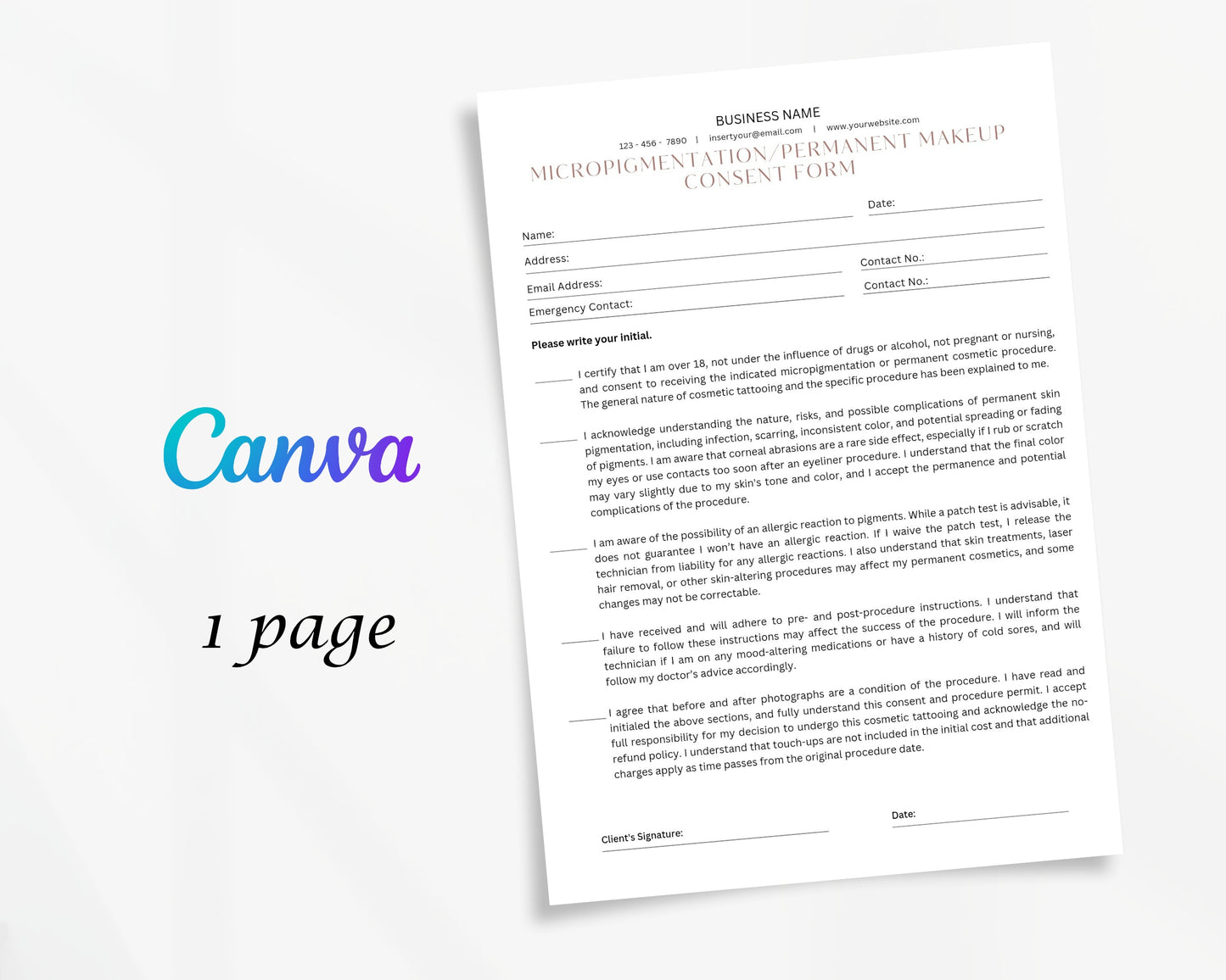 Micropigmentation Form, Consultation form, Client consent form, Editable in Canva