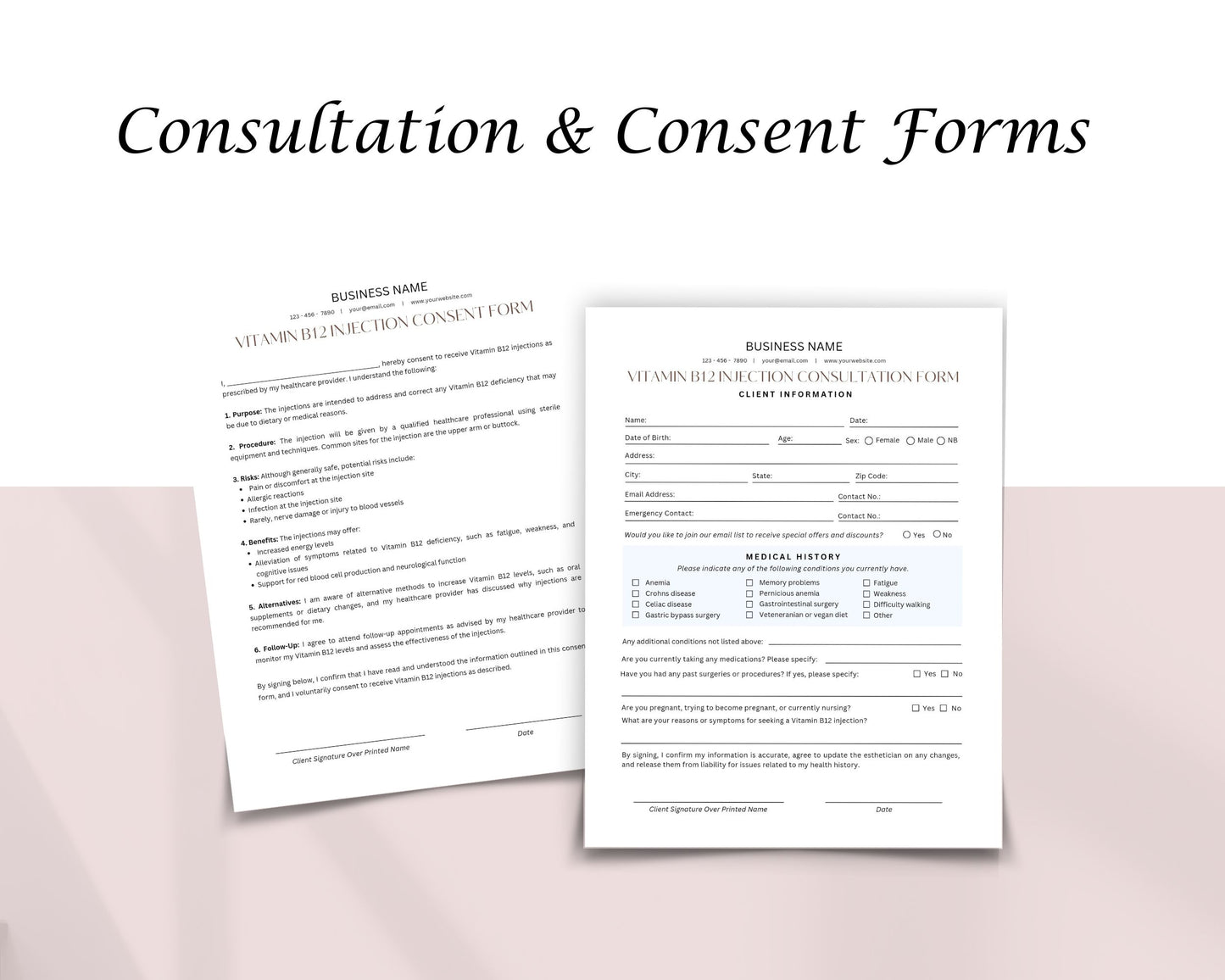 B12 Vitamin Injection Form, Consultation form, Client consent form, Loyalty Card, Business Card, Editable Canva templates, Aftercare Card