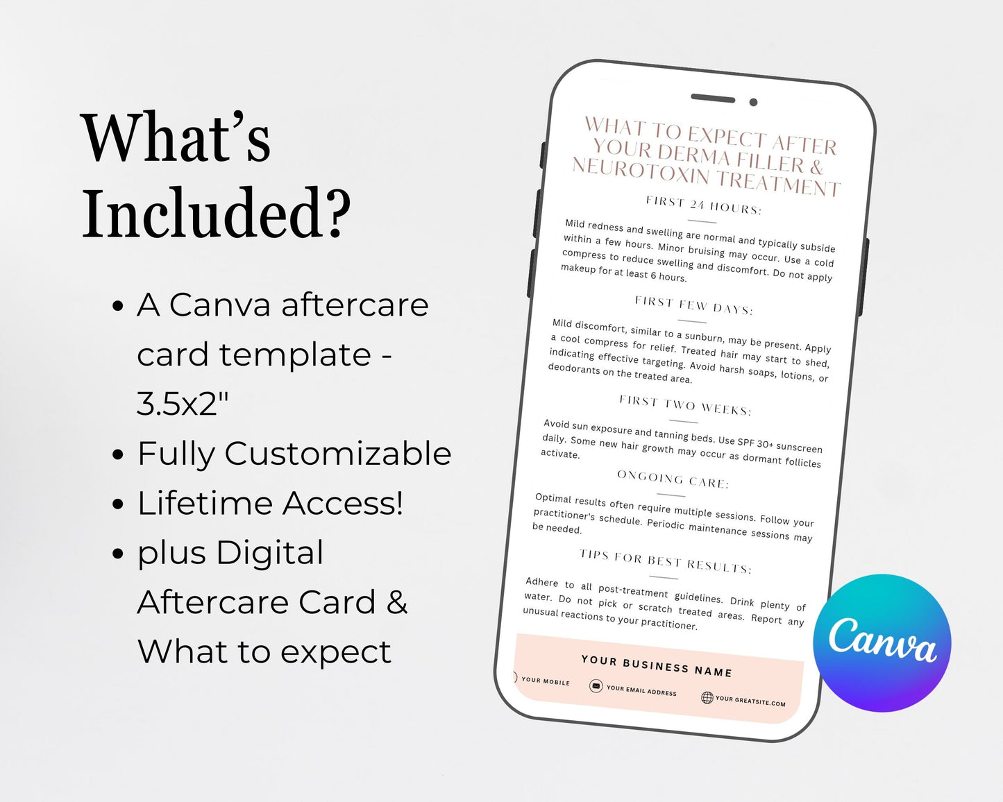 Derma Filler & Neurotoxin Care Card, Aftercare Card, Edit in Canva