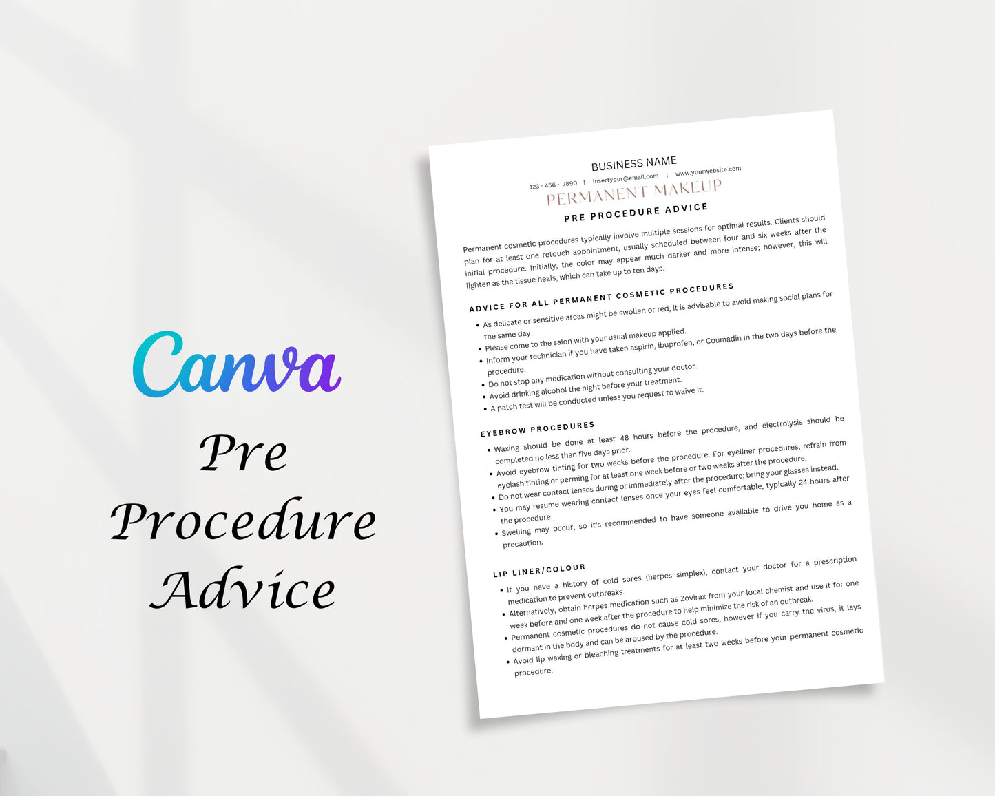 Permanent Makeup Form, Consultation form, Client consent form, Editable Canva templates