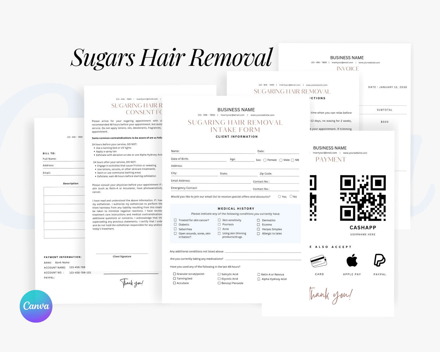 Sugar Hair Removal Form, Consultation form, Client consent form, Editable in Canva