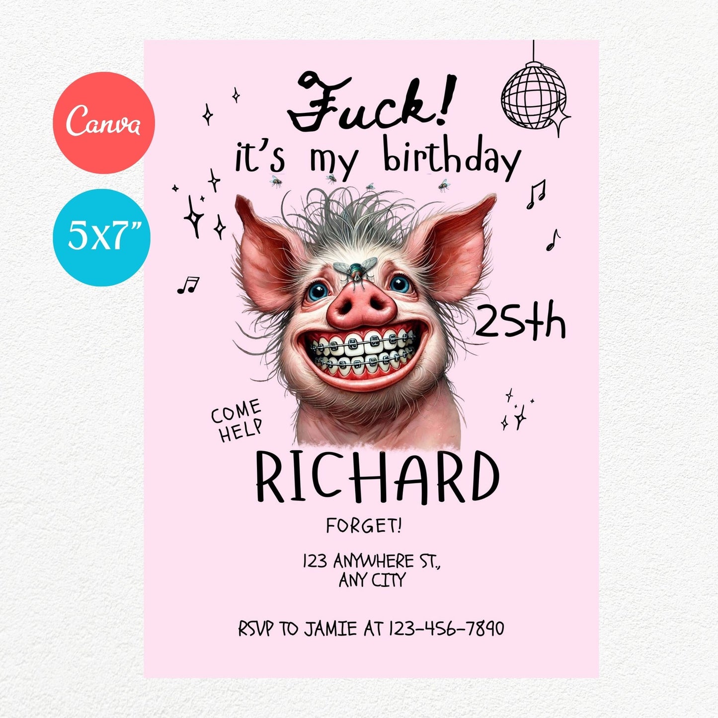 Pink Pig Funny Birthday Party Invitation