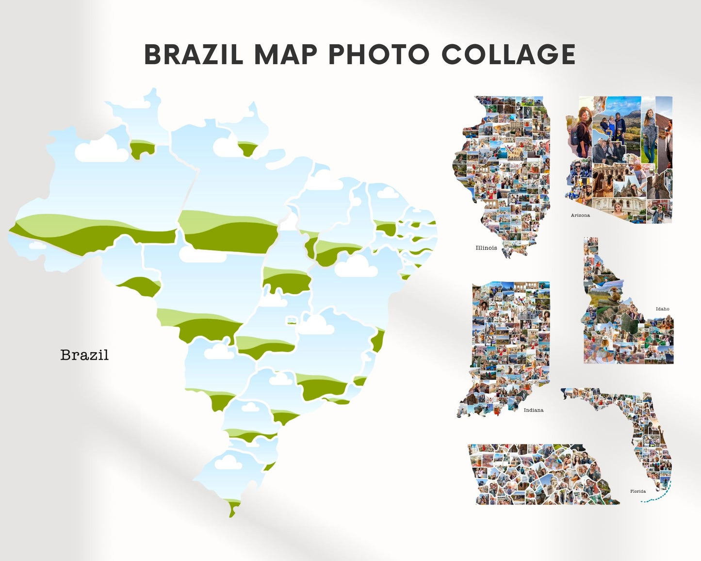 EDITABLE Brazil Map Photo Collage, 27 Photos, Map Wall Art, CANVA, Digital