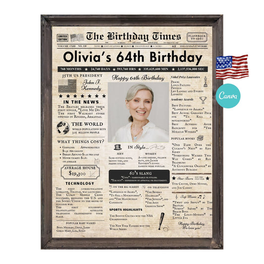 64th Birthday Vintage Brown Newspaper, EDITABLE Birthday Posters, Printable Newspaper Birthday Gifts, Canva