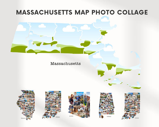 EDITABLE Massachusetts Map Photo Collage, 14+ Photos, Map Wall Art, CANVA, Digital