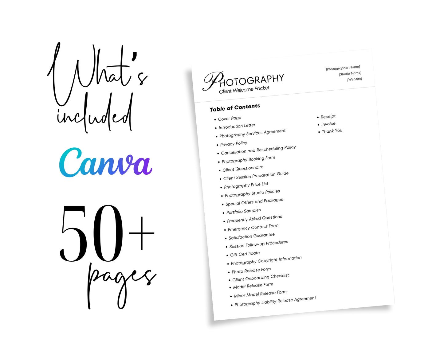 Photography Client Welcome Packet, Client Contract & Agreement, Photography Forms, Edit in Canva