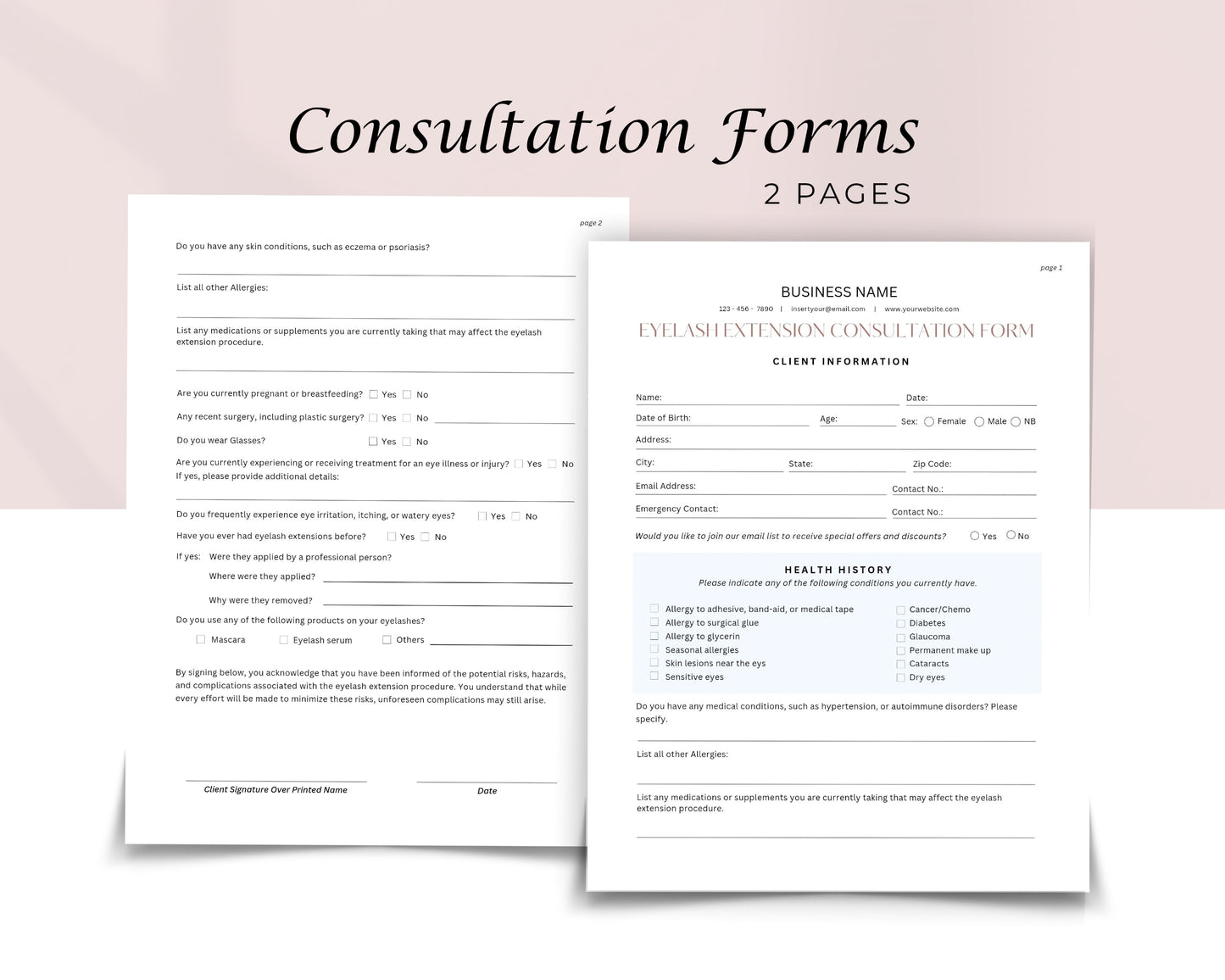 Eyelash Extensions Form, Consultation form, Client consent form, Loyalty Card, Business Card, Editable Canva templates, Aftercare Card