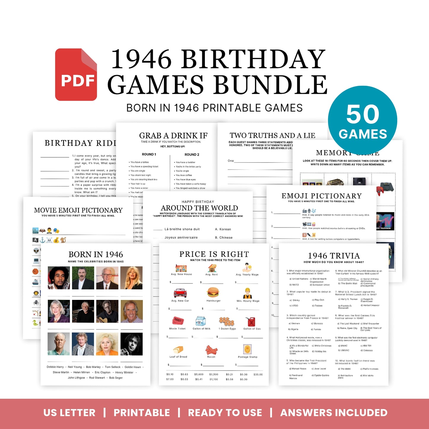 1946 Birthday Games, Born in 1946 Games, 79th Birthday Party Games, Printable Birthday Bundle