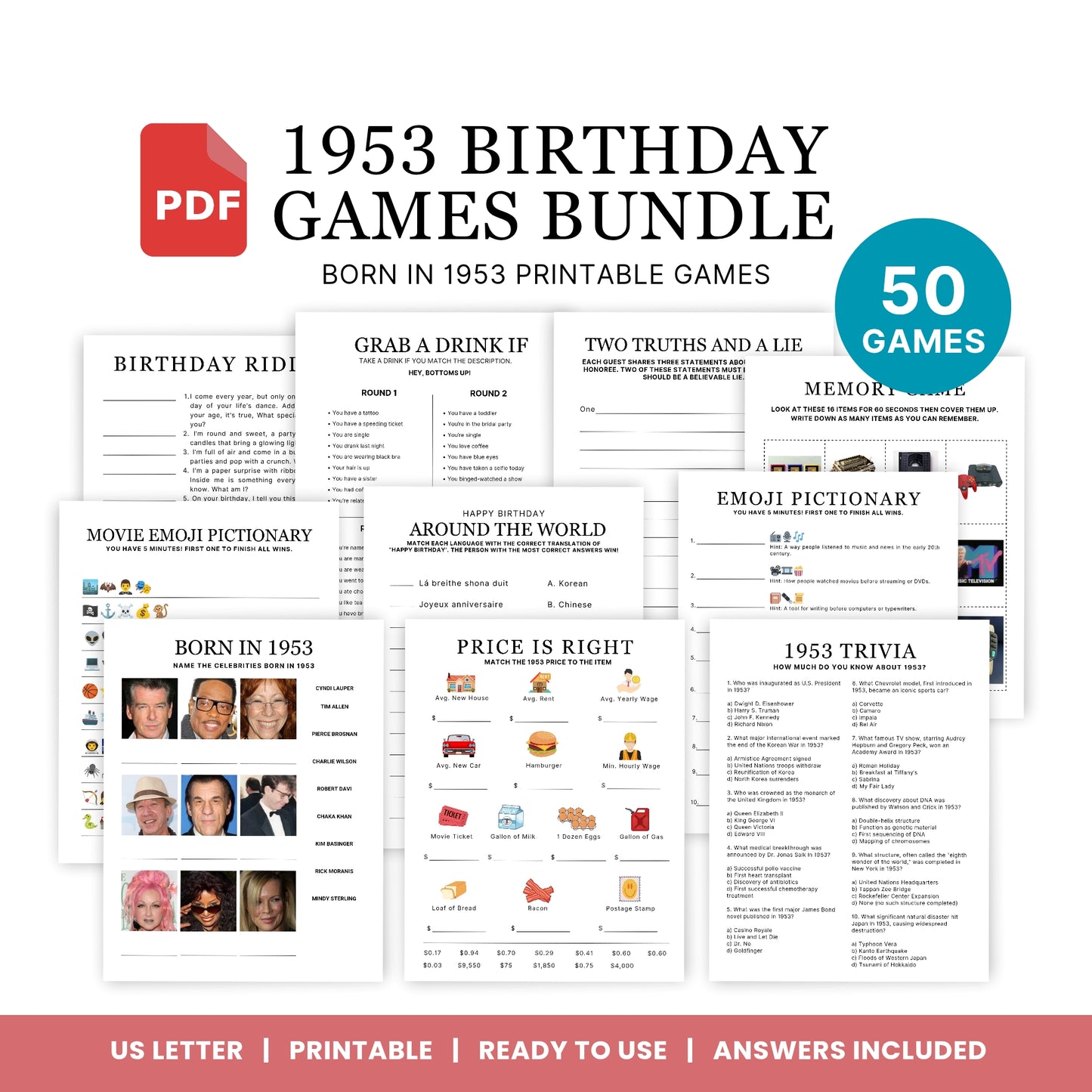 1953 Birthday Games, Born in 1953 Games, 72nd Birthday Party Games, Printable Birthday Bundle