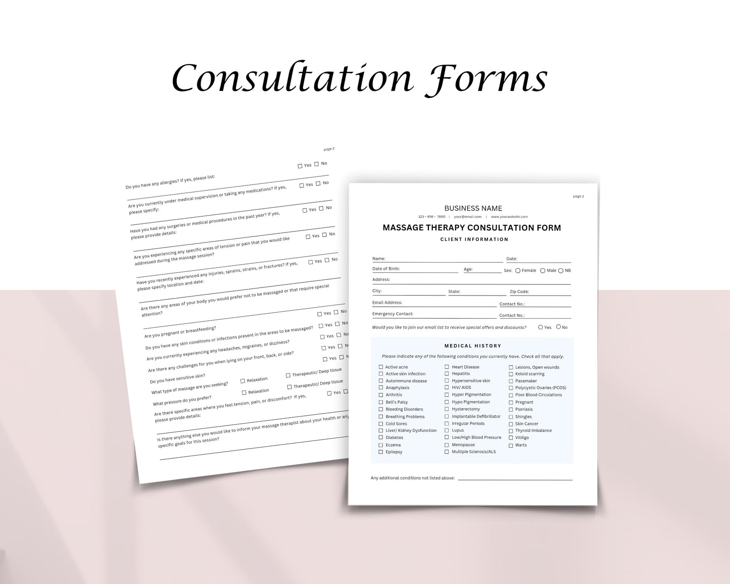 Massage Therapy Form, Consultation form, Client consent form, Loyalty Card, Business Card, Editable Canva templates, Aftercare Card