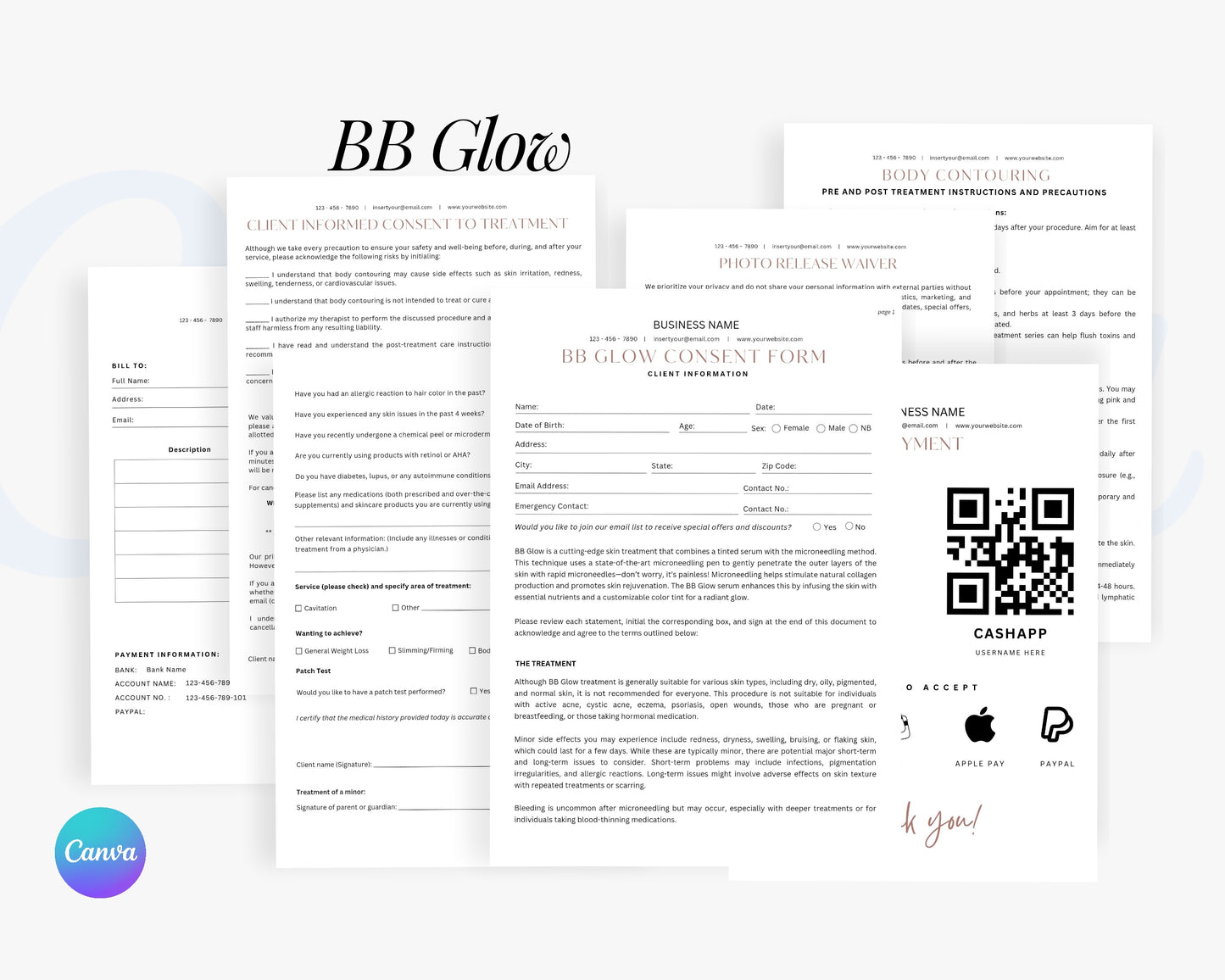 BB Glow Form, Consultation form, Client consent form, Loyalty Card, Business Card, Editable Canva templates, Aftercare Card