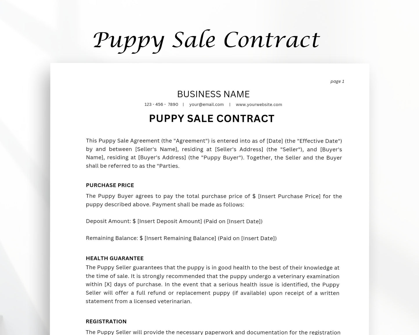 Puppy Sales Printable Form, Edit in Canva, Digital