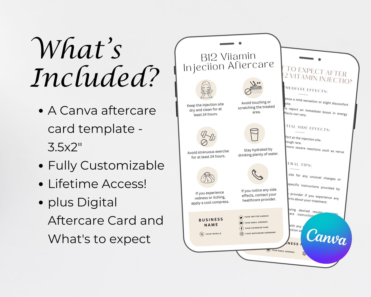 B12 Vitamin Injection Care Card, Aftercare Card, Edit in Canva